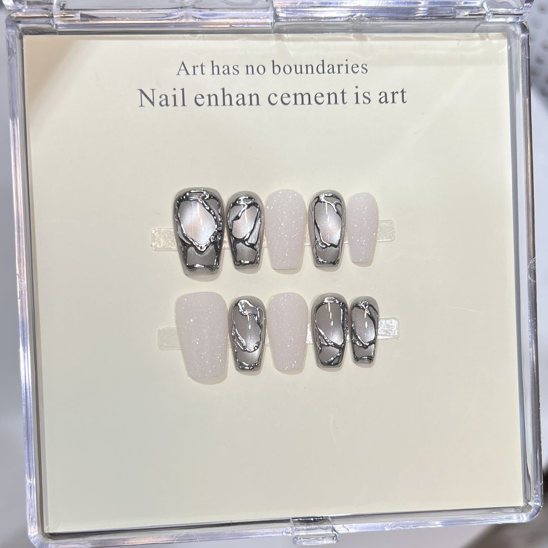 Elegant Acrylic Press-On Nail Art Set with Metallic Design Elements Kalsten
