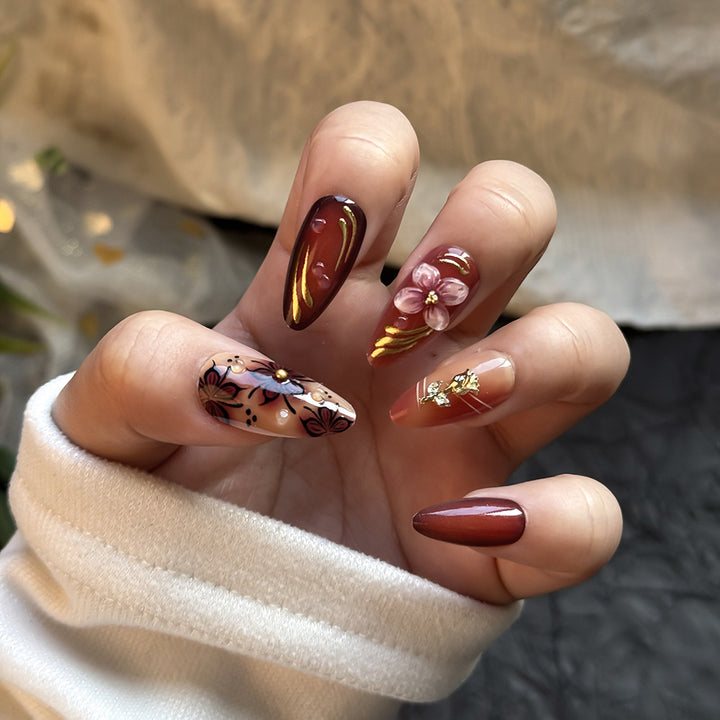 Artistic Floral and Gold Accent Press-On Nails Kalsten