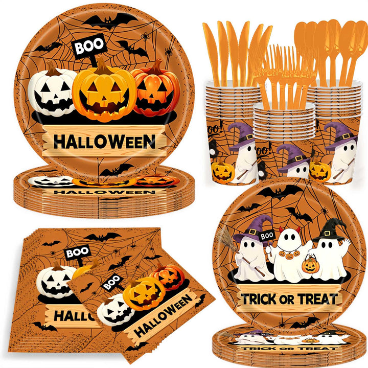 Disposable paper cups with Halloween pumpkin and ghost design stackable