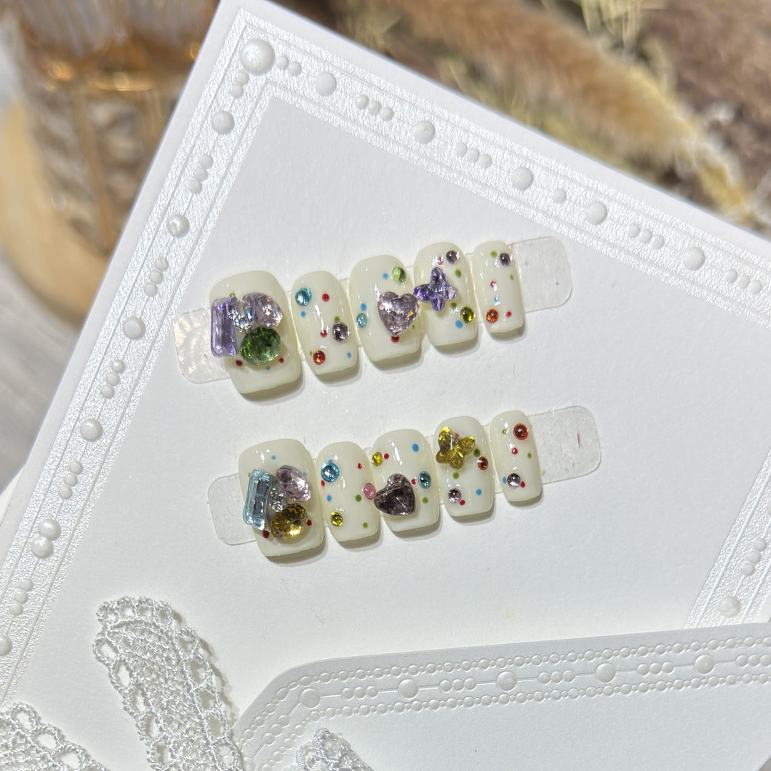 Decorative Press-On Nail Art Set with Colorful Gem Accents Kalsten