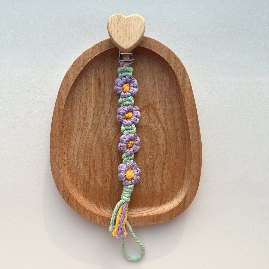 Cotton Crochet Floral Pacifier and Teether Clip with Wooden Heart Safety Clip