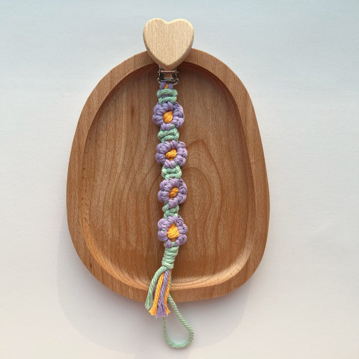 Cotton Crochet Floral Pacifier and Teether Clip with Wooden Heart Safety Clip
