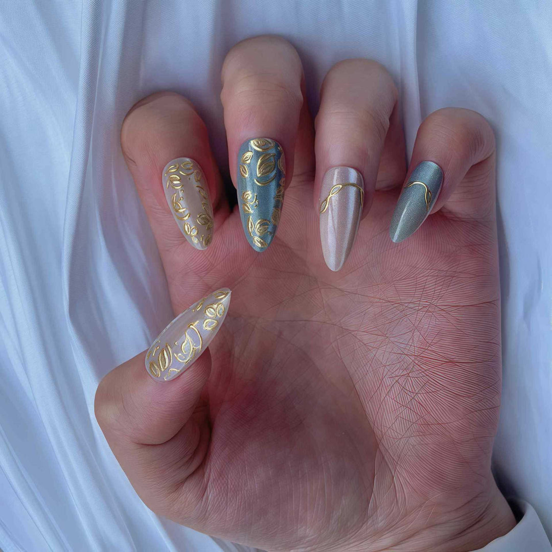 Artistic Stiletto Press-On Nail Set with Elegant Gold Accents Kalsten
