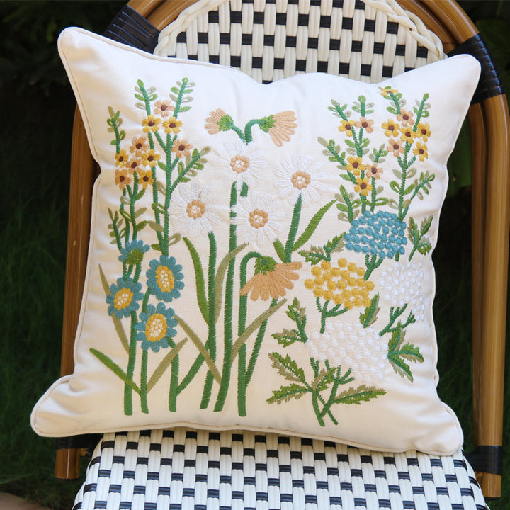 Square cushion cover with hand-embroidered wildflower relief, linen-cotton blend and concealed zipper Kalsten