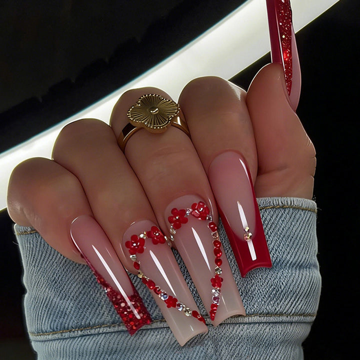 Elegant Press-On Nail Art Set with Floral and Glitter Accents Kalsten
