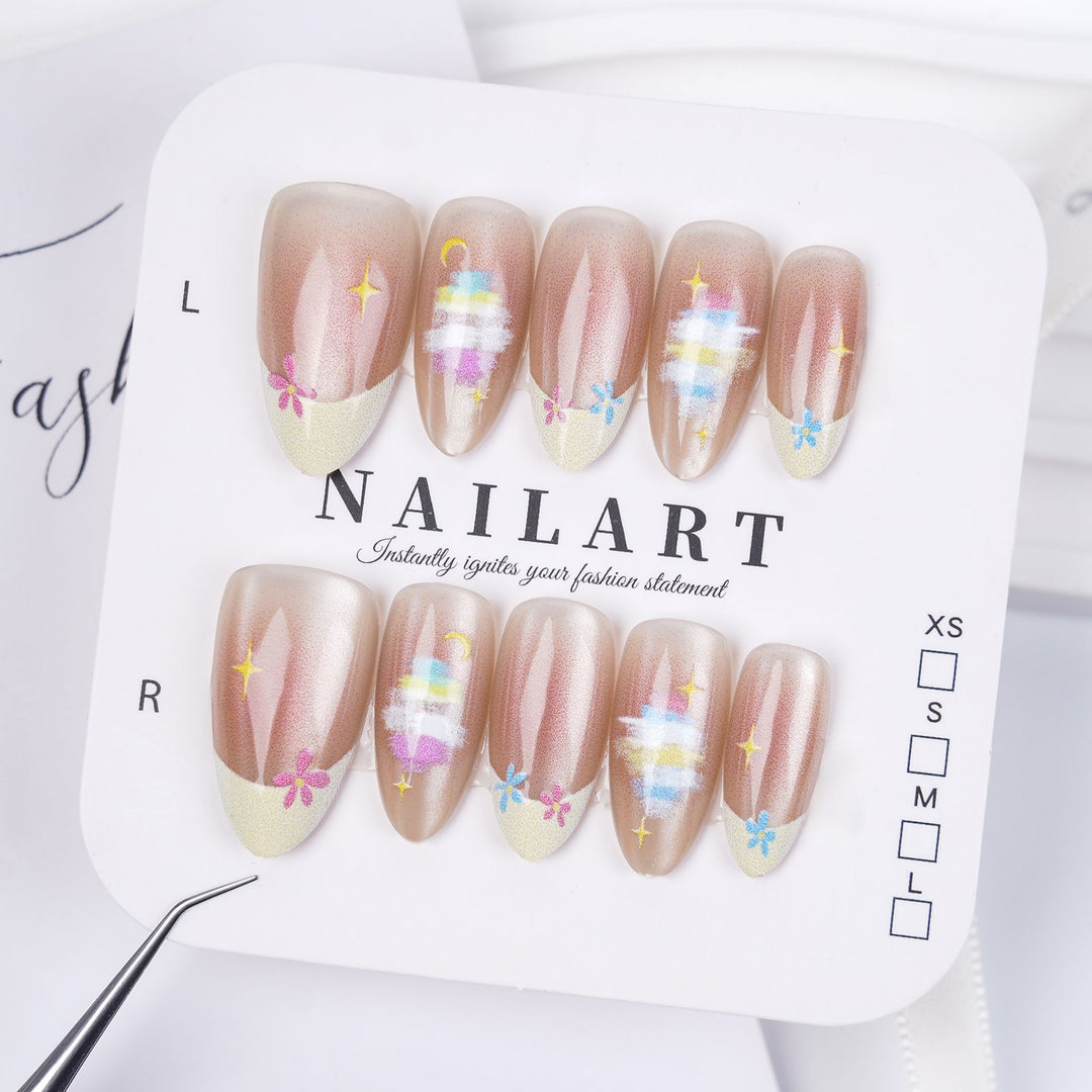 Artistic Press-On Nail Set with Whimsical Floral Patterns Kalsten