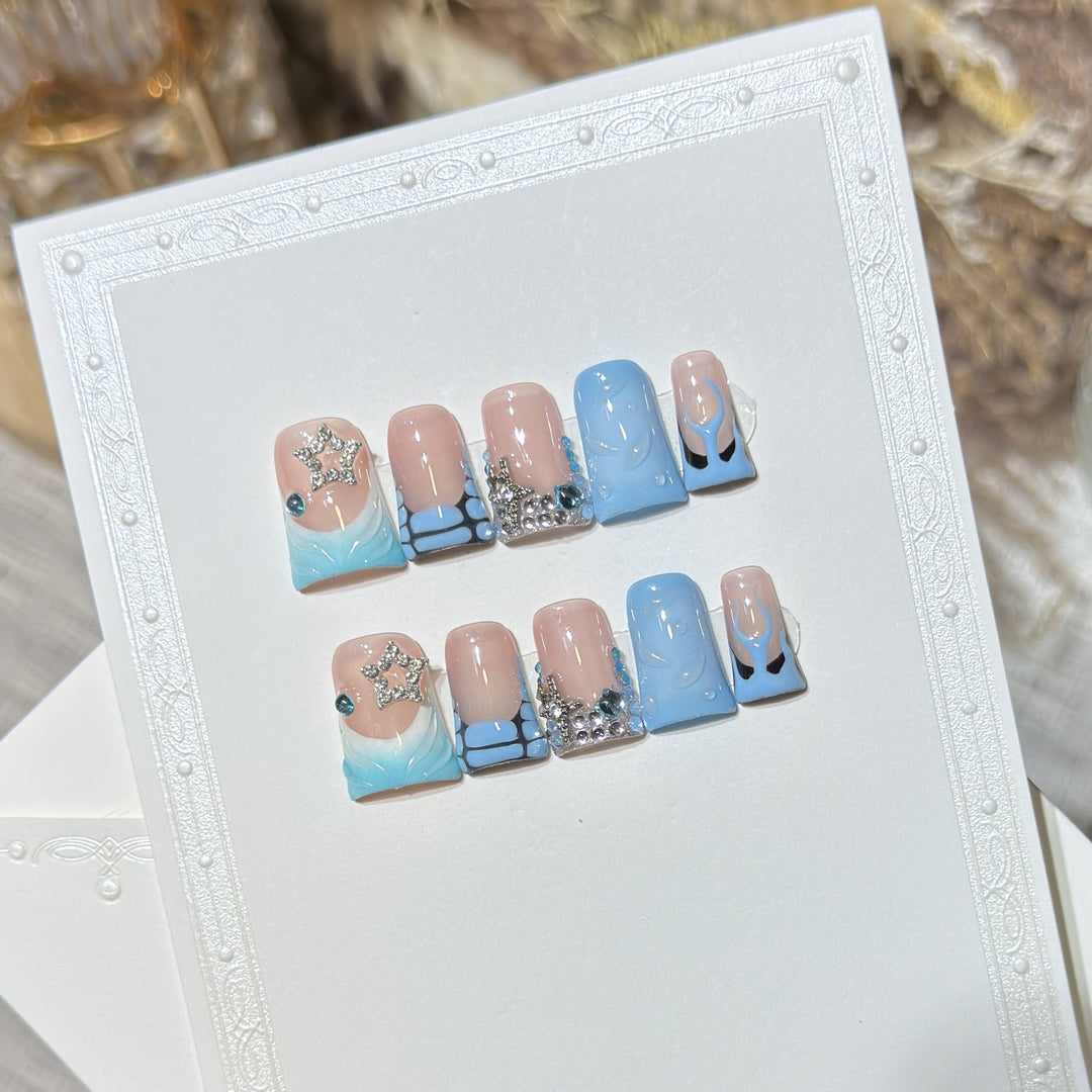 Decorative Press-On Nail Art Set with Ocean-Inspired Design Kalsten