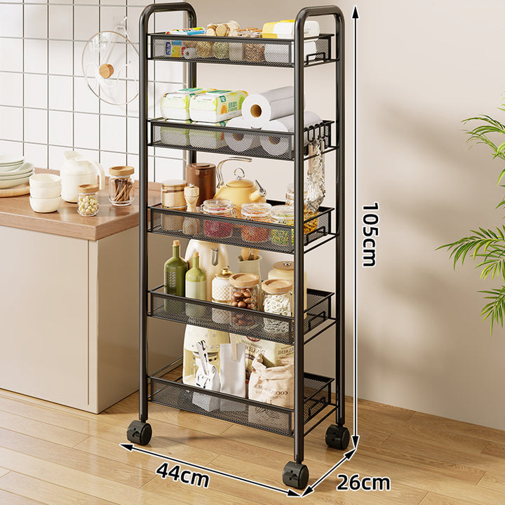 Three-Tier Rolling Mesh Kitchen Storage Cart with Side Utensil Caddy and Locking Casters