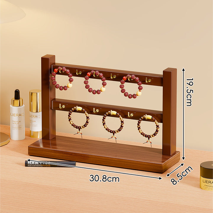 Triple-Tier Wooden Bracelet and Bangle Organizer Display Stand with Gold Hooks
