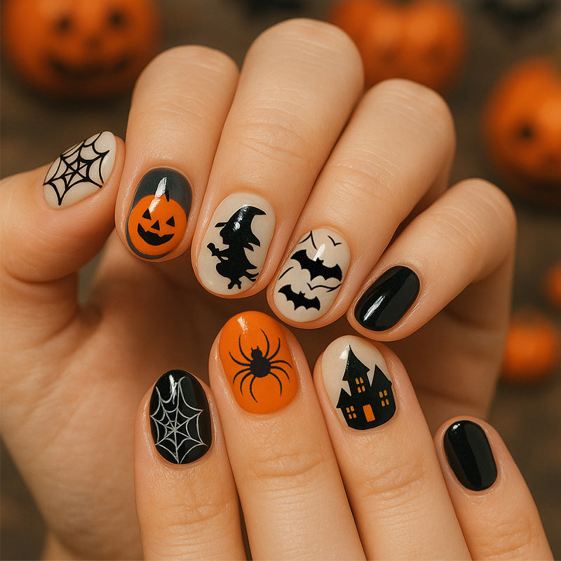 Halloween Artificial Nail Set with Creative Spider and Pumpkin Designs Kalsten
