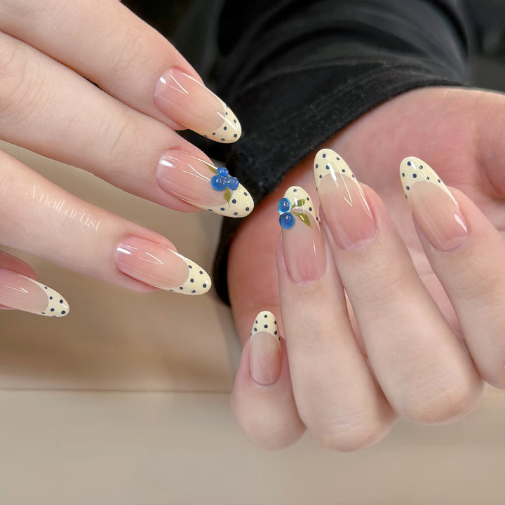 Artistic Press-On Nail Art Set with Polka Dot and Blue Gem Accents