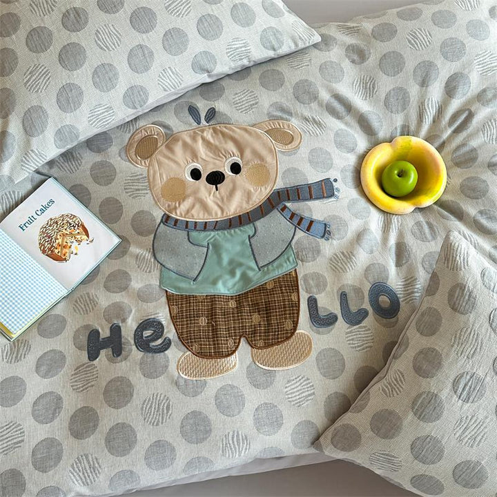 Cotton bed linen set with bunny appliqué and subtle dot jacquard