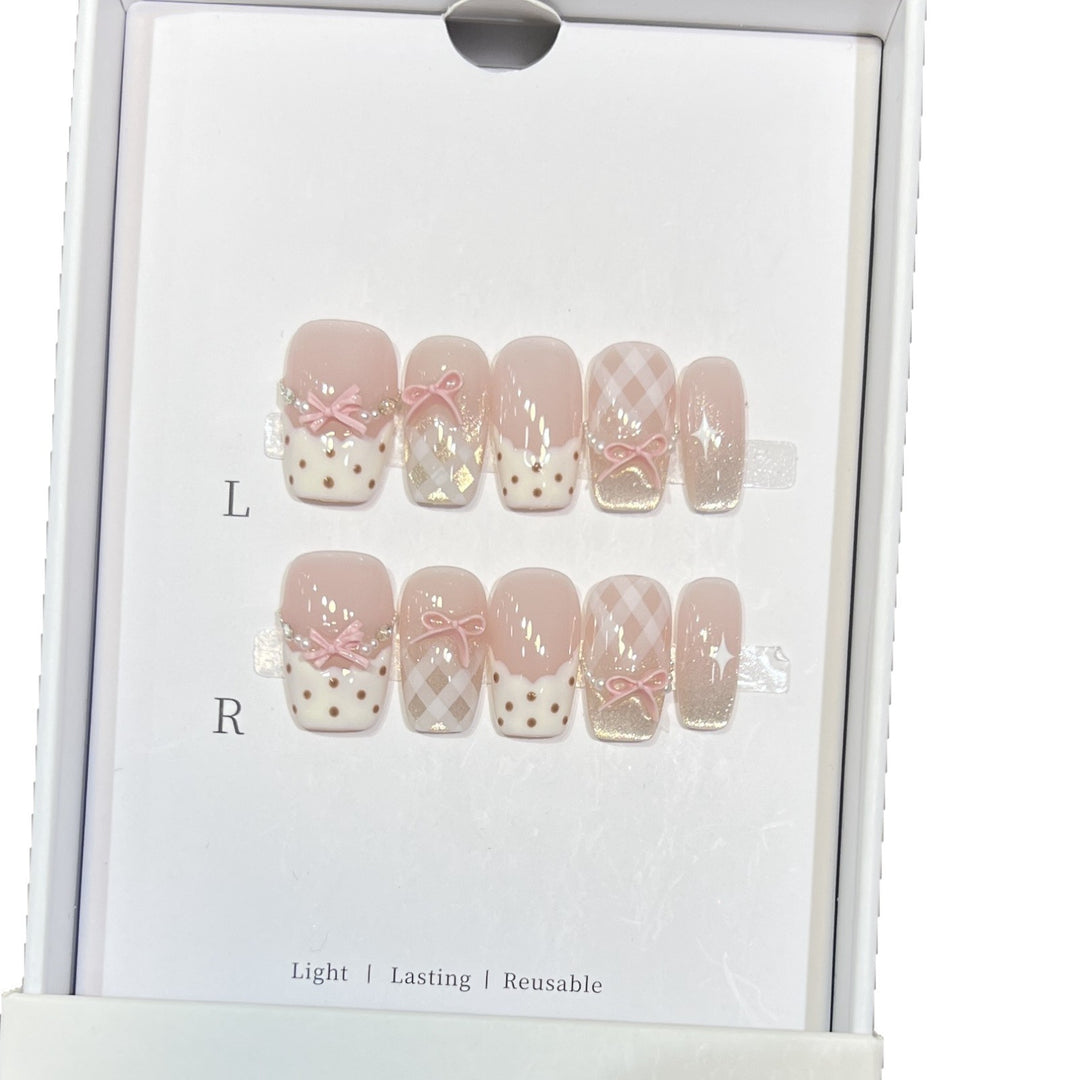 Decorative Press-On Nail Art Set with Charming Ribbon Accents Kalsten