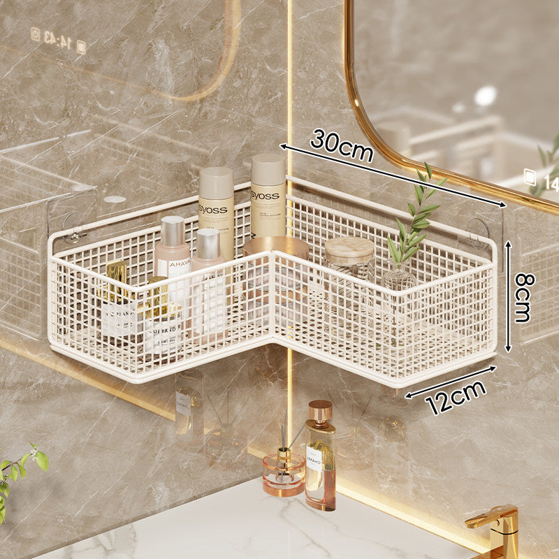 Corner Suction-Mounted Mesh Vanity Organizer with Dual Floating Baskets and Hook Rack