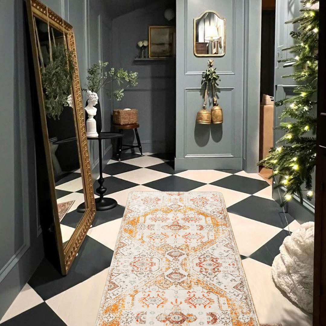 Oriental rug in Persian medallion style, machine-knotted short pile rug Kalsten