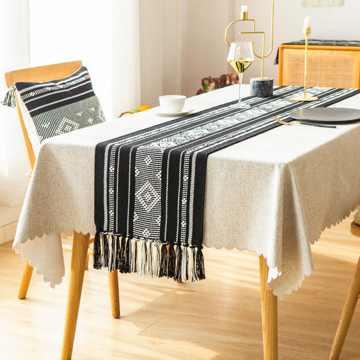 Handwoven table runner made of cotton blend with fringes and geometric dot jacquard Kalsten