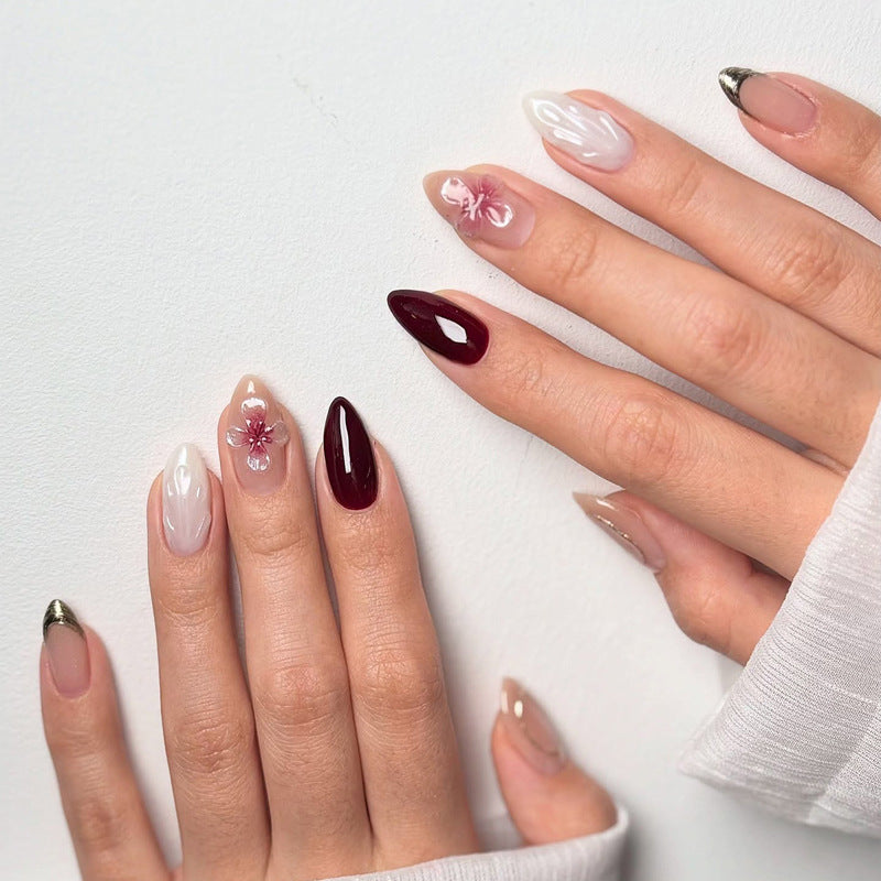Elegant Artistic Press-On Nail Set with Floral and Glossy Accents Kalsten
