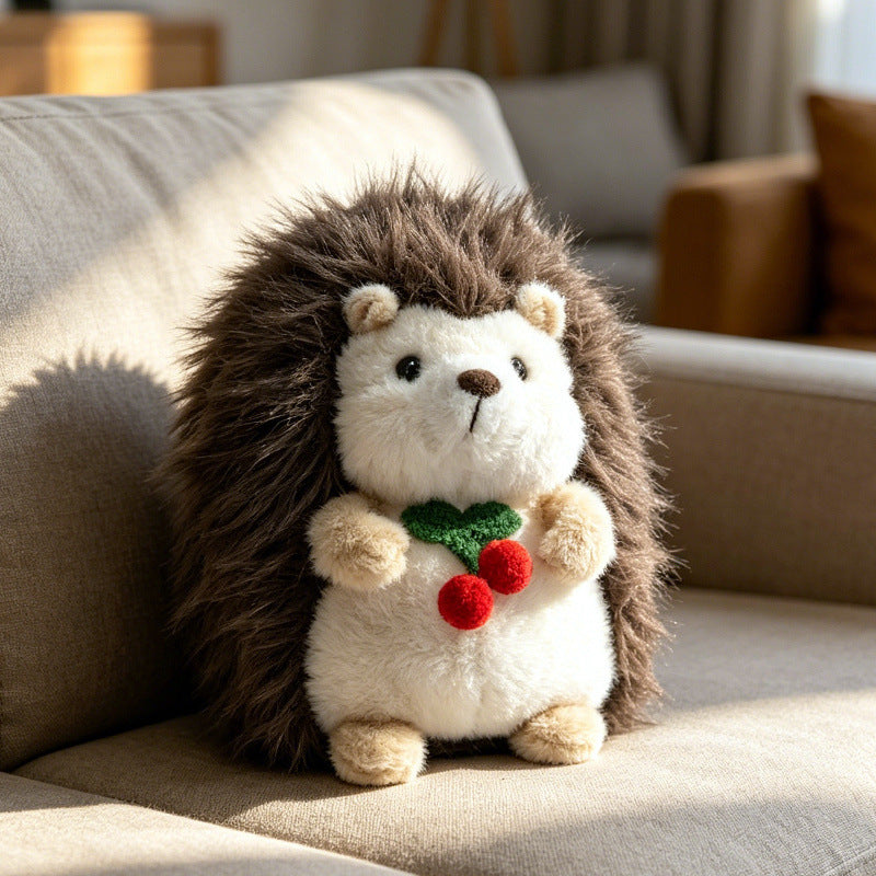 Kawaii Hedgehog Plush Collectible with Embroidered Cherry Accent and Soft Faux‑Fur Back Kalsten