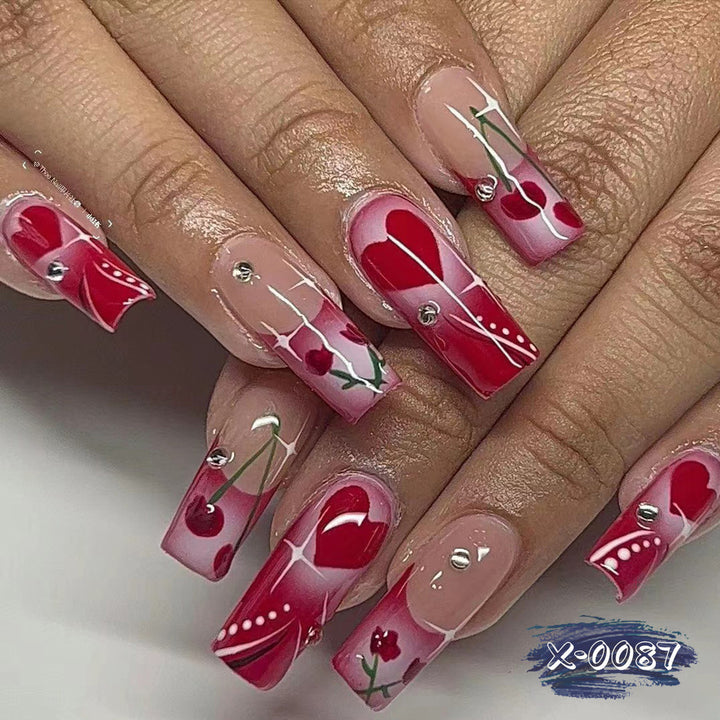 Artistic Heart and Cherry Nail Art Design