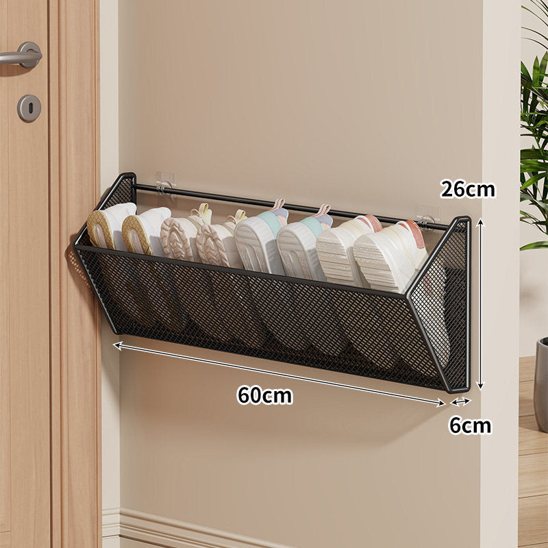 Wall-Mounted Mesh Shoe Basket Organizer with Tilted Slipper Rack