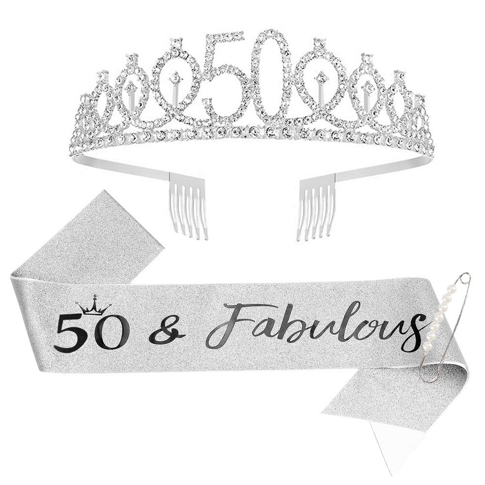 Women Crystal-Embellished Birthday Crown with Personalized Sash Kalsten