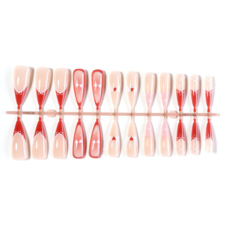 Decorative Press-On Nail Set with Heart and Ribbon Designs kalsten