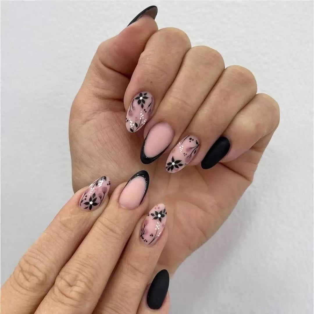 Artificial Nail Set with Elegant Floral Accents and Stylish Shine Kalsten