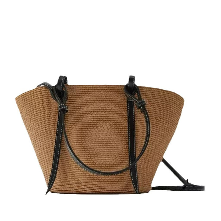 Elegant Beach Bag Made of Woven Natural Material with Leather Accents Kalsten