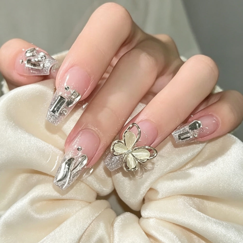Glamorous Press-On Nail Set with Floral and Glitter Accents Kalsten