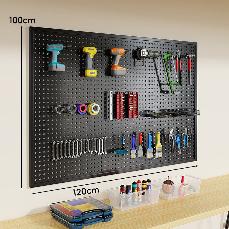 Wall-Mounted Perforated Metal Tool Pegboard Organizer Panel with Modular Hooks and Wire Baskets