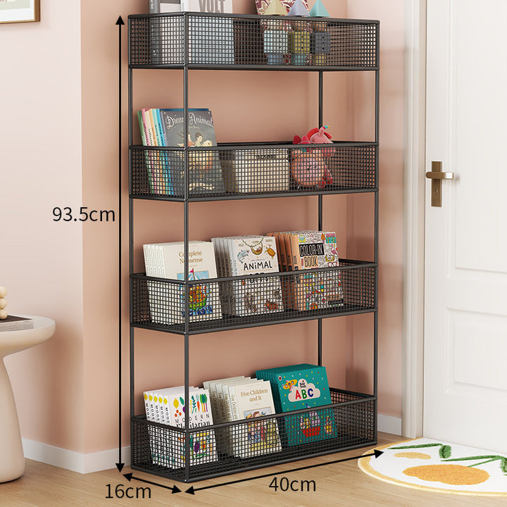 Industrial Metal Mesh Four-Tier Narrow Bookshelf Organizer