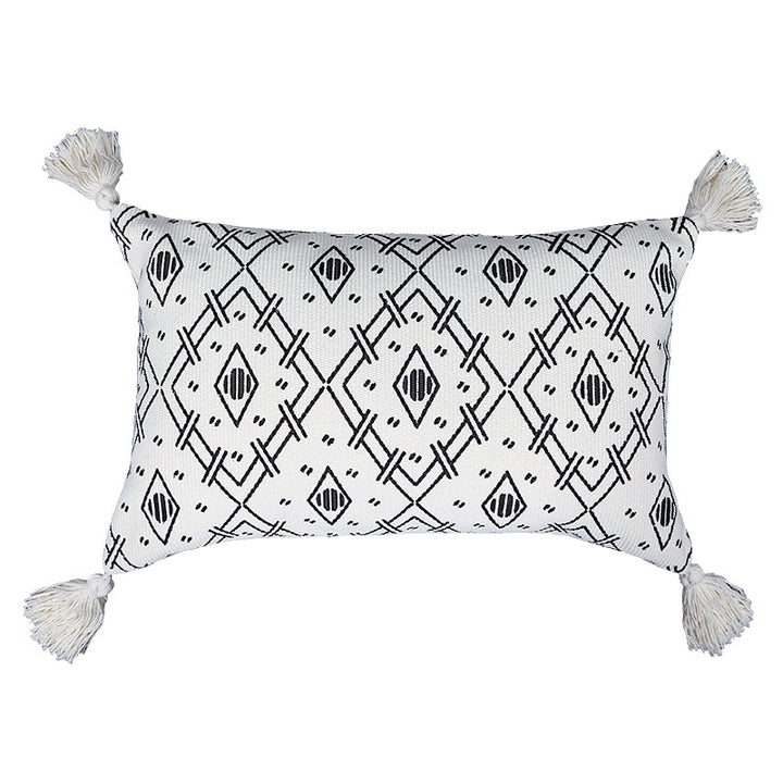 Square decorative cushion cover made of cotton blend with handwoven texture, geometric diamond print, and corner tassels