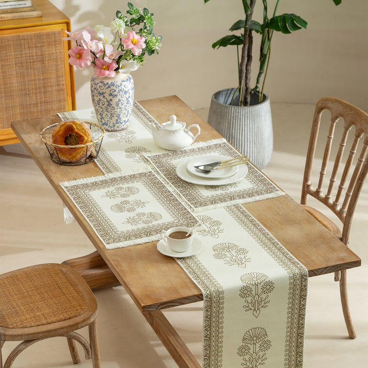 Vintage-inspired woven table runner with floral border and fringes Kalsten