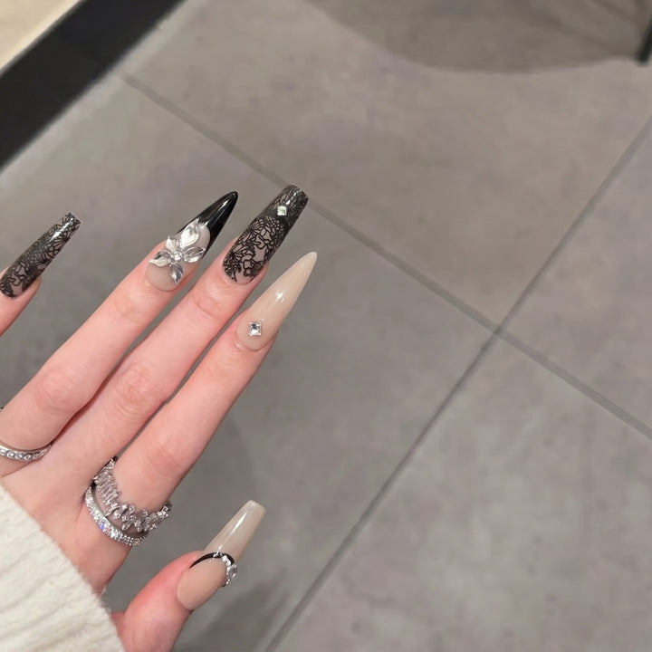 Artistic Stiletto Press-On Nail Set with Floral and Geometric Accents Kalsten