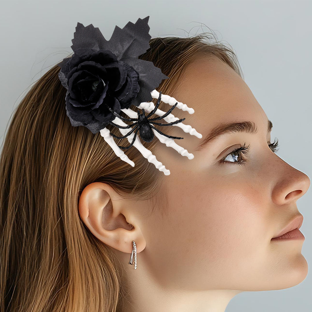 Gothic hair clip with fabric rose, skeleton fingers, and spider appliqué