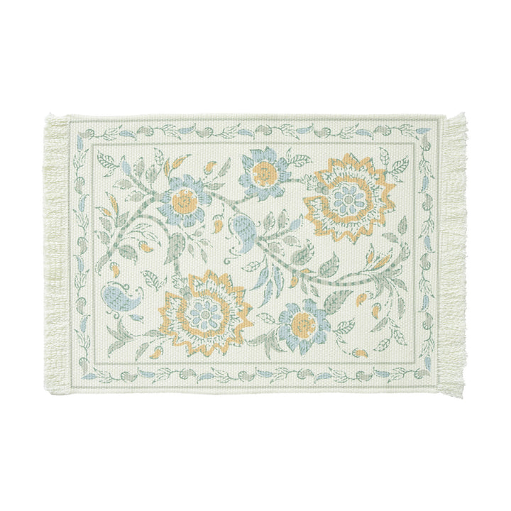 Round handmade woven decorative rug with fringes and botanical pattern Kalsten