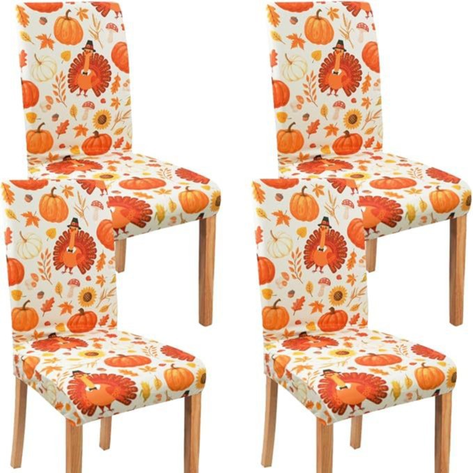 Stretch chair cover with autumn pumpkin and leaf motif