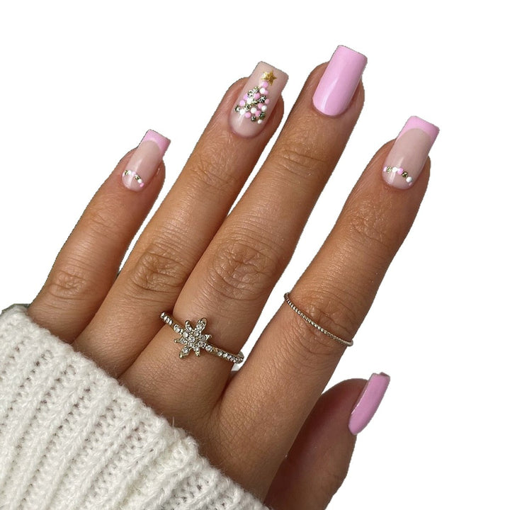 Artificial nail set with festive Christmas tree design and glitter decorations Kalsten
