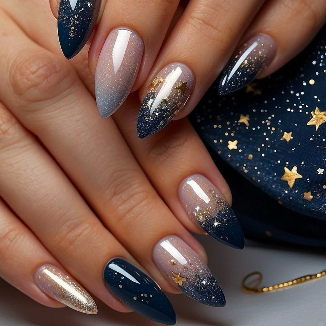 Stiletto Press-On Nail Art Extensions with Starry Designs Kalsten