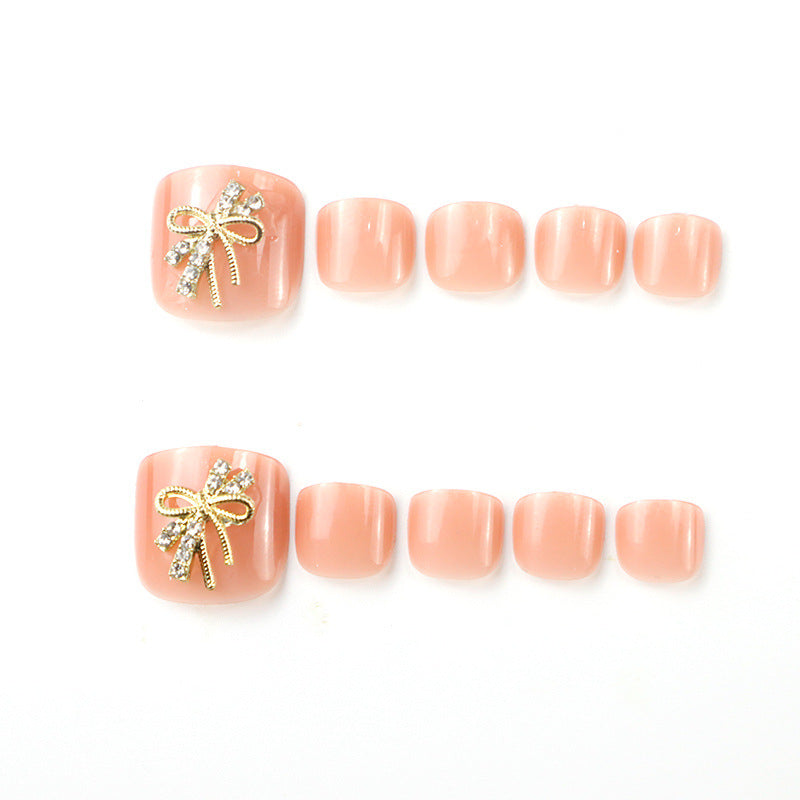 Glamorous Decorative Press-On Toenail Set with Rhinestone Bow Accents