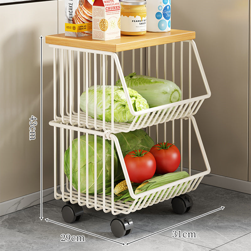 Countertop Wooden-Top Metal Wire Produce Storage Basket with Front-Tilt Access