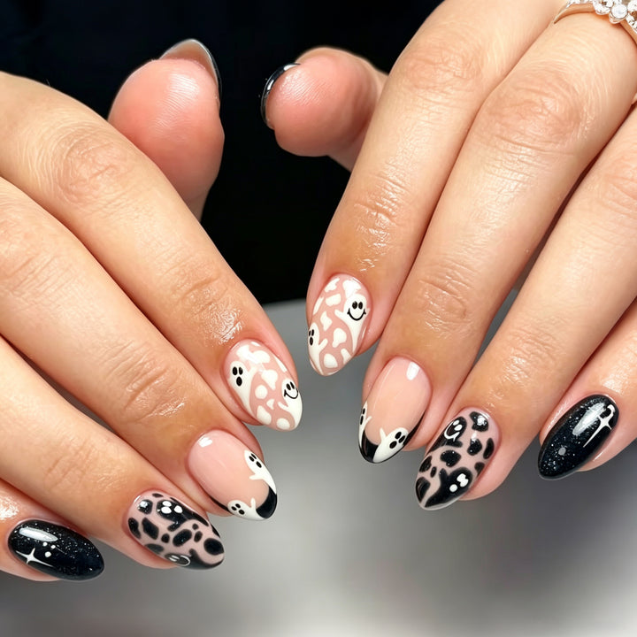 Halloween-Themed Ghost and Leopard Print Press-On Nail Art