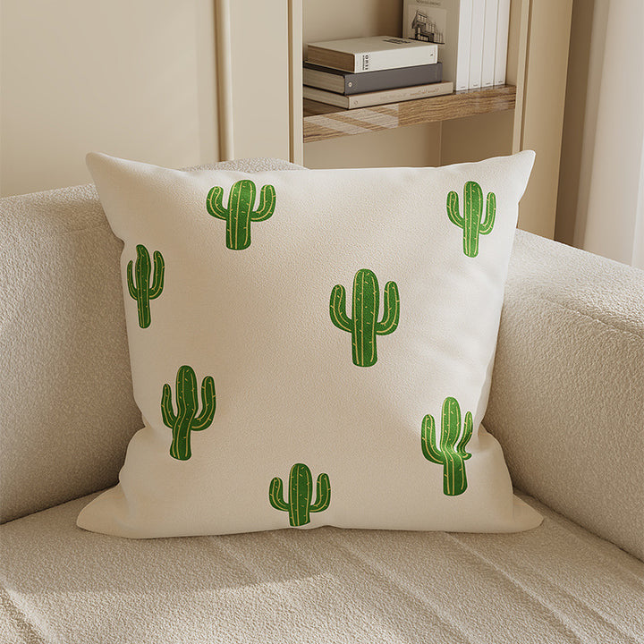 Decorative Square Cotton-Linen Throw Pillow Cover with Cactus Motif and Hidden Zipper