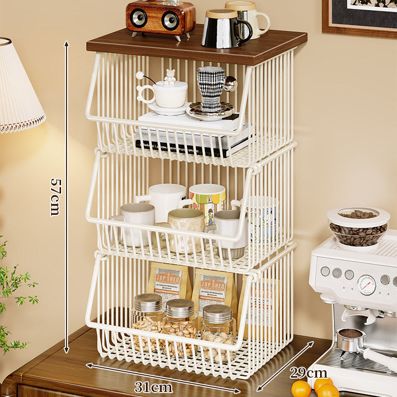 Mobile Four-Tier Kitchen Pantry Organizer Cart with Wood Top and Rolling Wire Baskets