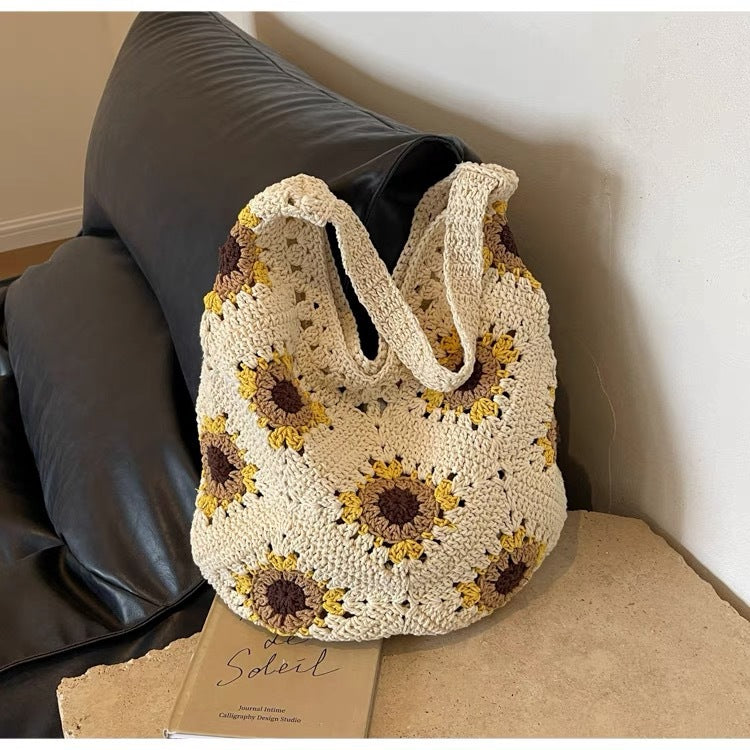 Macrame Tote Bag with Colorful Sunflower Pattern Kalsten