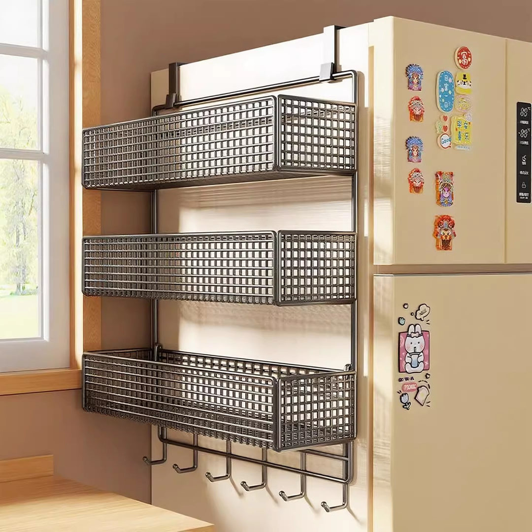 Over-Refrigerator Vertical Hanging Mesh Storage Rack with Deep Baskets and Hook Rail