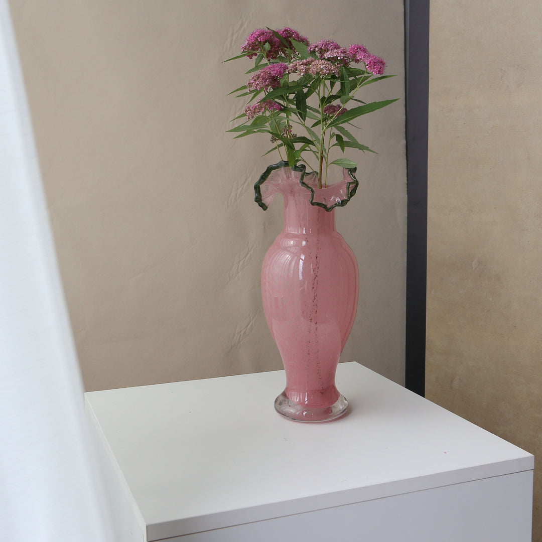 Handblown Ruffled-Edge Tall Pedestal Art Glass Vase Kalsten