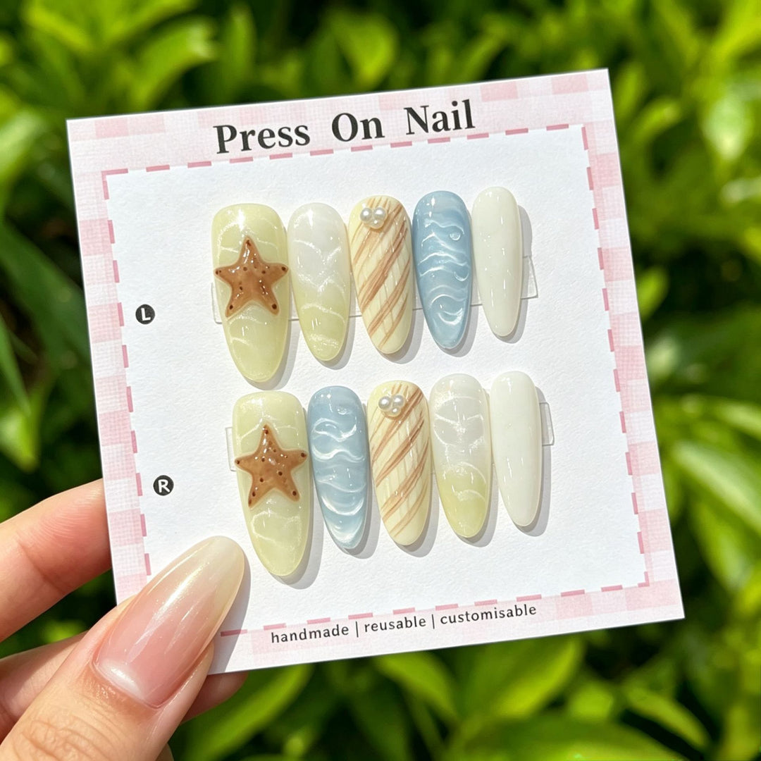 Artistic Press-On Nail Set with Tropical and Floral Accents