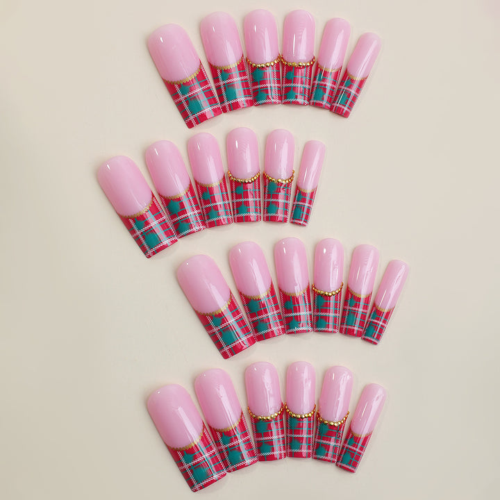 Artistic Press-On Nail Set with Plaid and Gold Accents kalsten