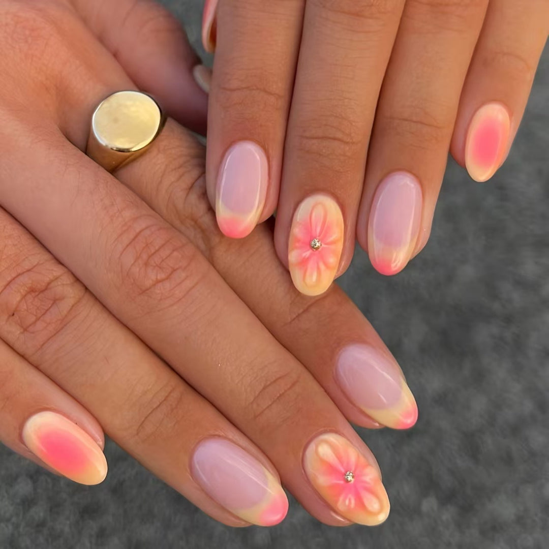 Artistic Almond-Shaped Press-On Nails with Floral Accents Kalsten